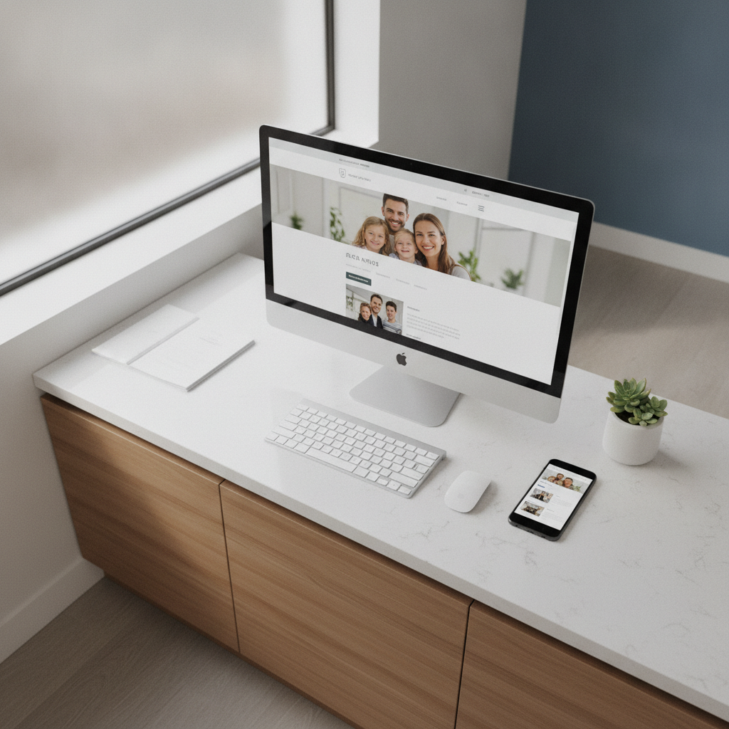 Overhead view of a modern dental office reception desk with a desktop monitor displaying a clean dental practice website homepage.