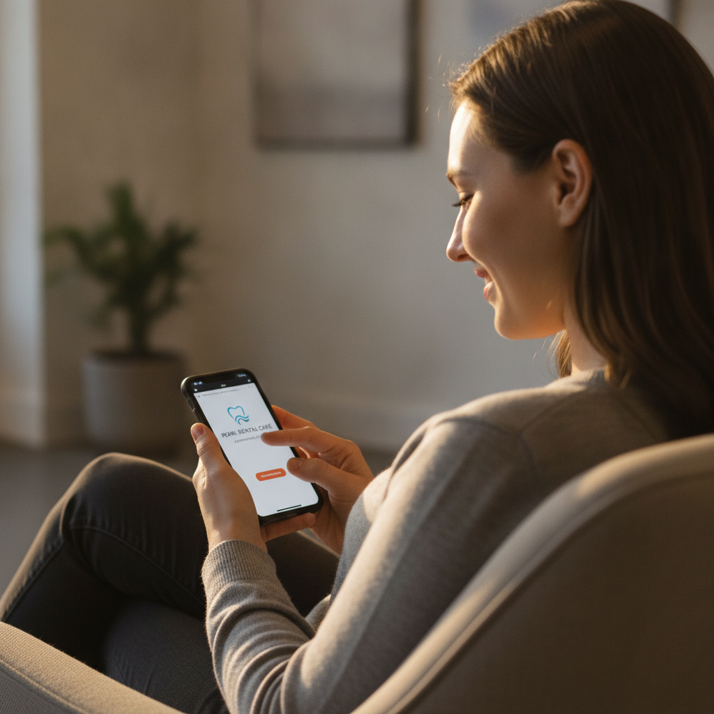 A smiling woman scrolls through a dental clinic website on her smartphone in a warmly lit waiting room.