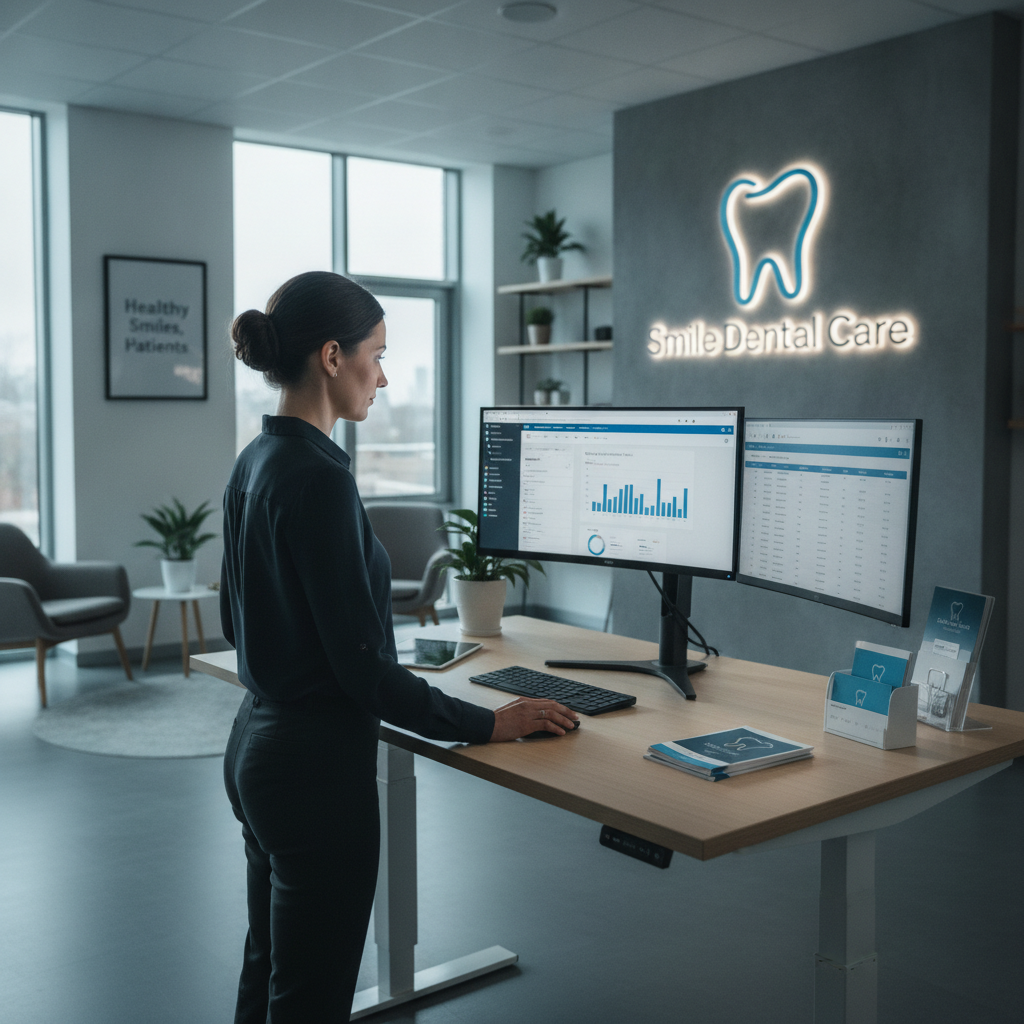 Dental practice office manager at a standing desk reviewing analytics and call tracking reports in a modern office.