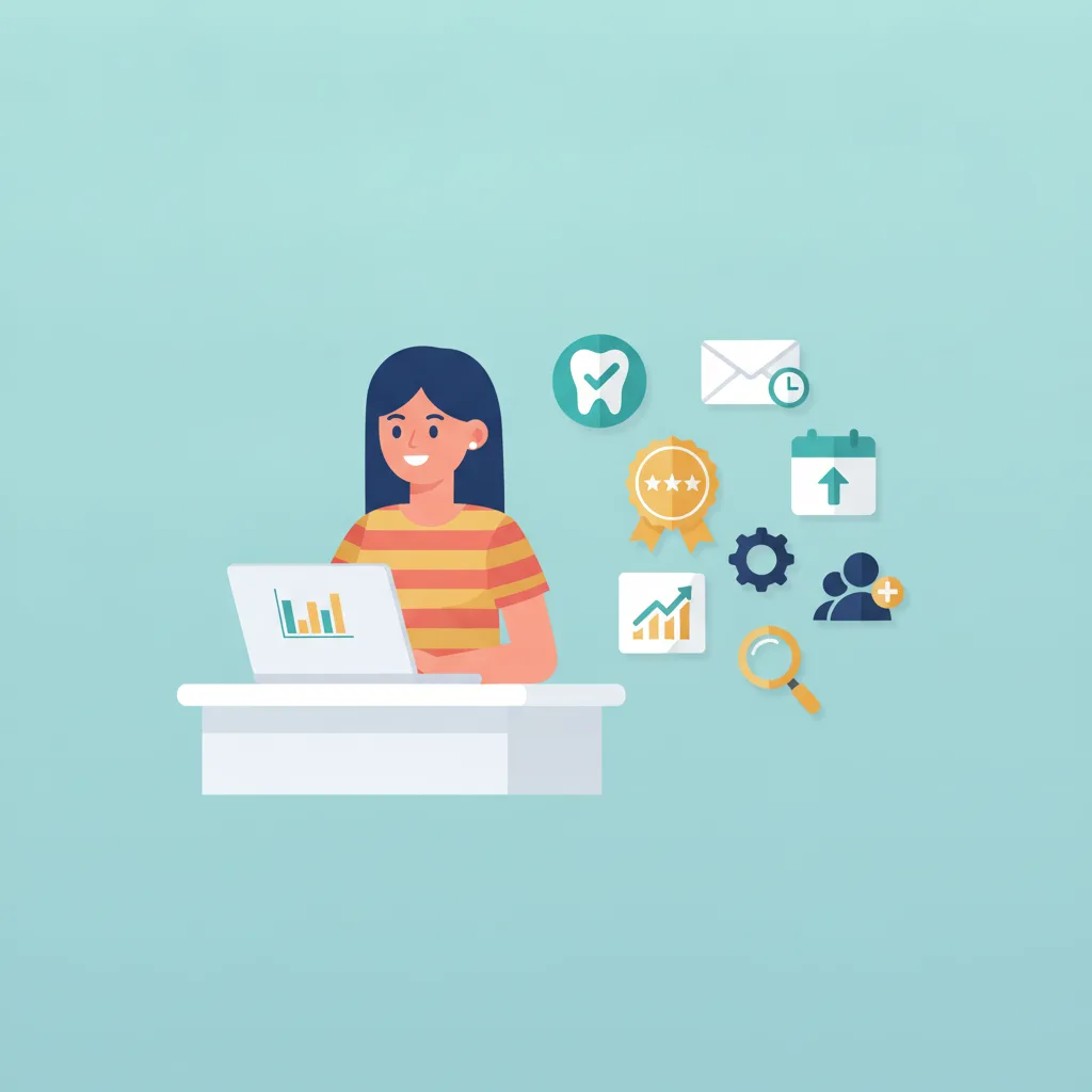A smiling dental practice owner at a front desk reviews a laptop dashboard with floating dental and business icons.
