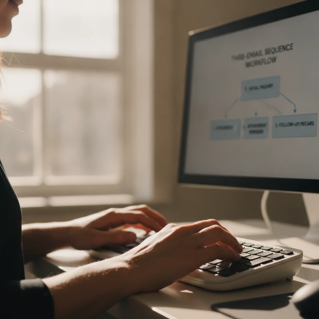 Close-up of a dental office manager's hands on a keyboard, screen showing an email workflow diagram.
