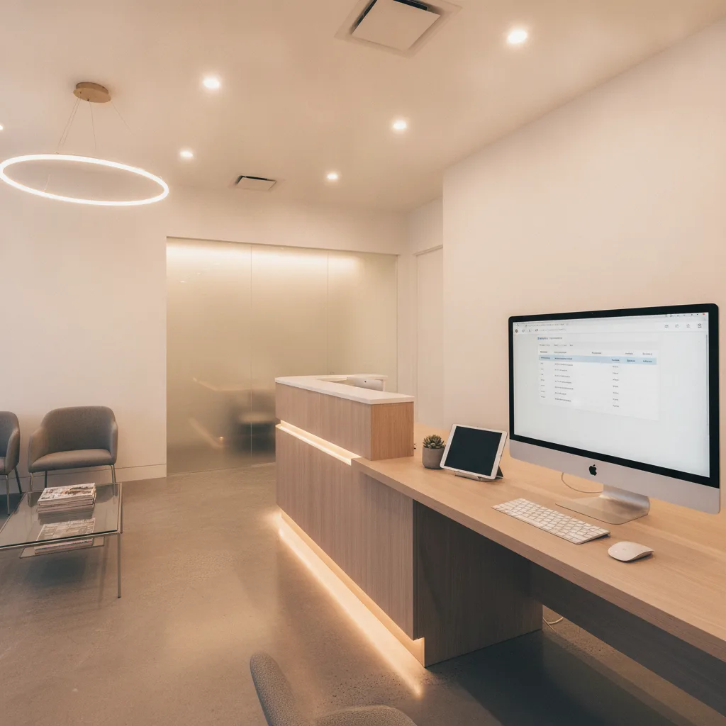 A clean, modern dental reception area with warm lighting, an organized desk, and a monitor showing an email dashboard.