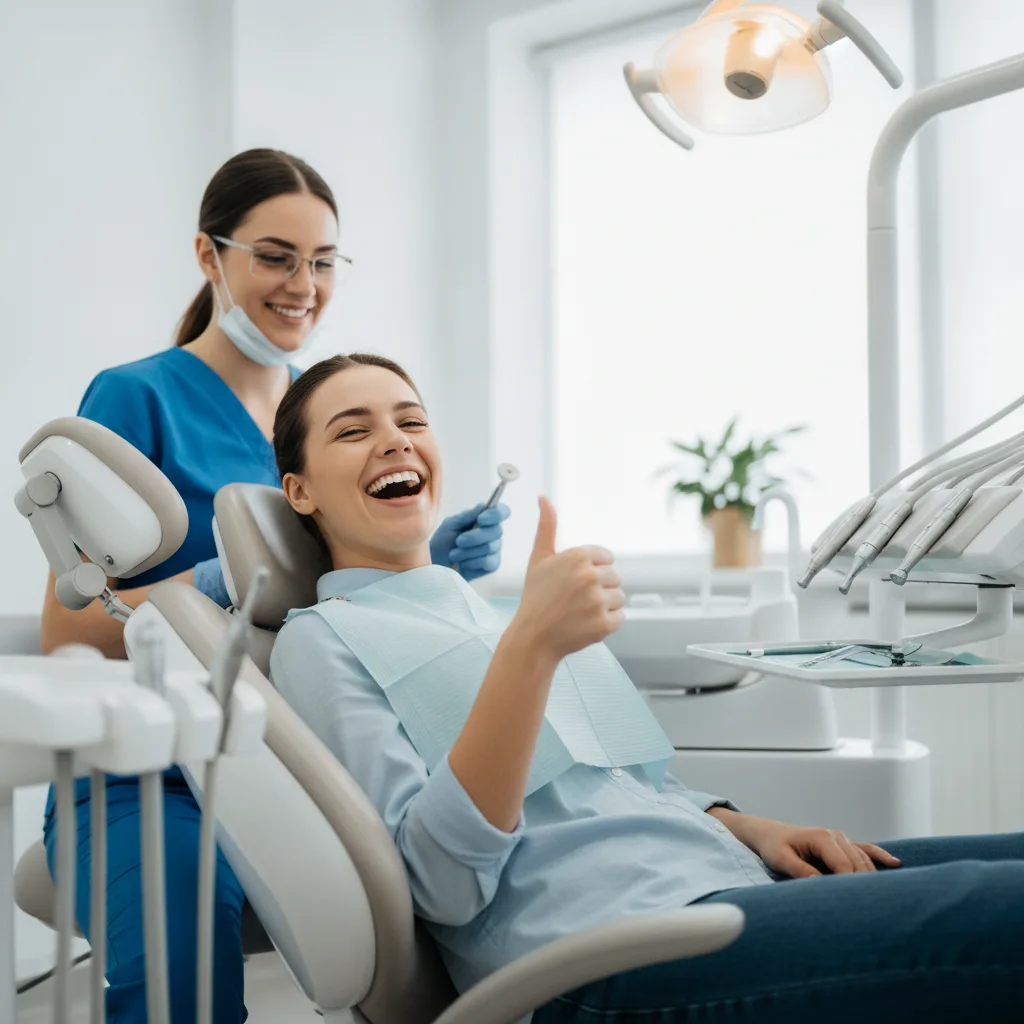 A happy dental patient in the chair gives a thumbs up to the hygienist after a cleaning appointment.