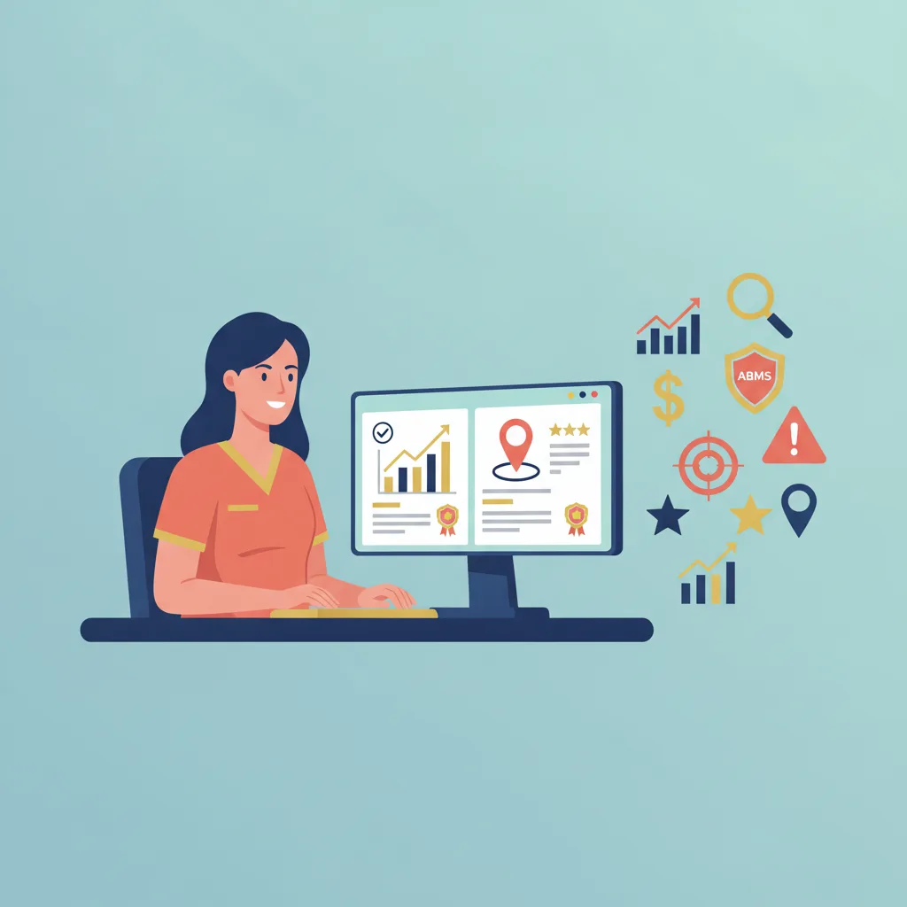 Flat vector illustration of a surgeon at a desk reviewing an analytics dashboard with icons like a magnifying glass and shield.