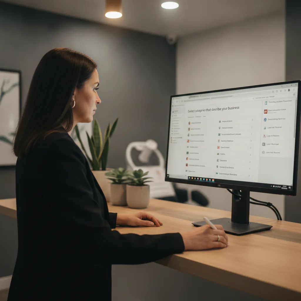 Practice manager at a standing desk in a modern medical office, reviewing Google Business Profile on a large monitor.