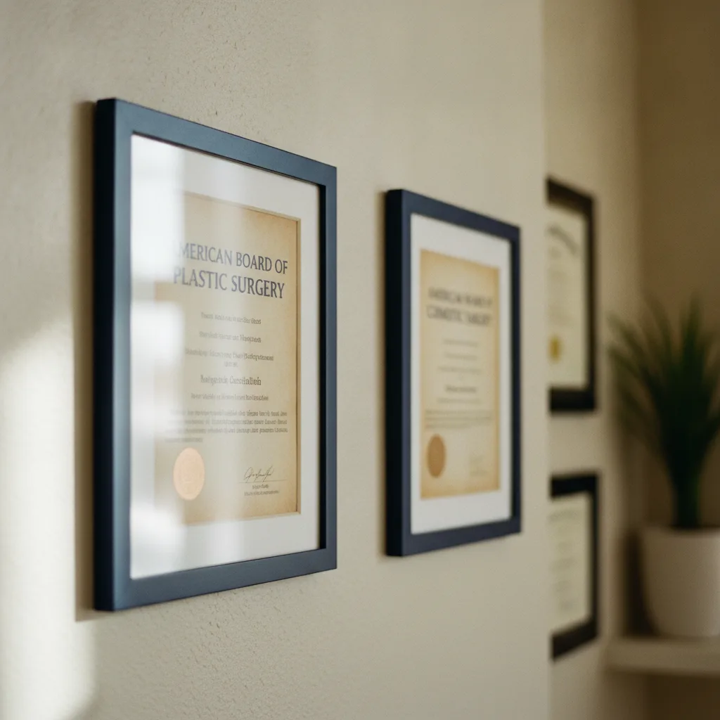 Two medical credential certificates from the American Board of Plastic Surgery and Cosmetic Surgery mounted on a clinic wall.