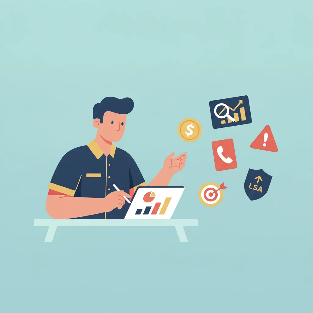 A flat, lightly shaded vector illustration of a restoration company owner reviewing a marketing budget on a tablet.