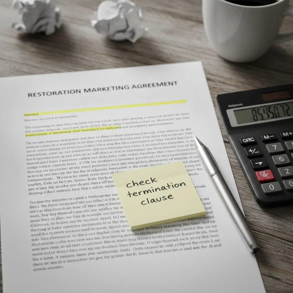 A close-up of a restoration marketing agreement with a pen, calculator, and a sticky note reading 'check termination clause'.