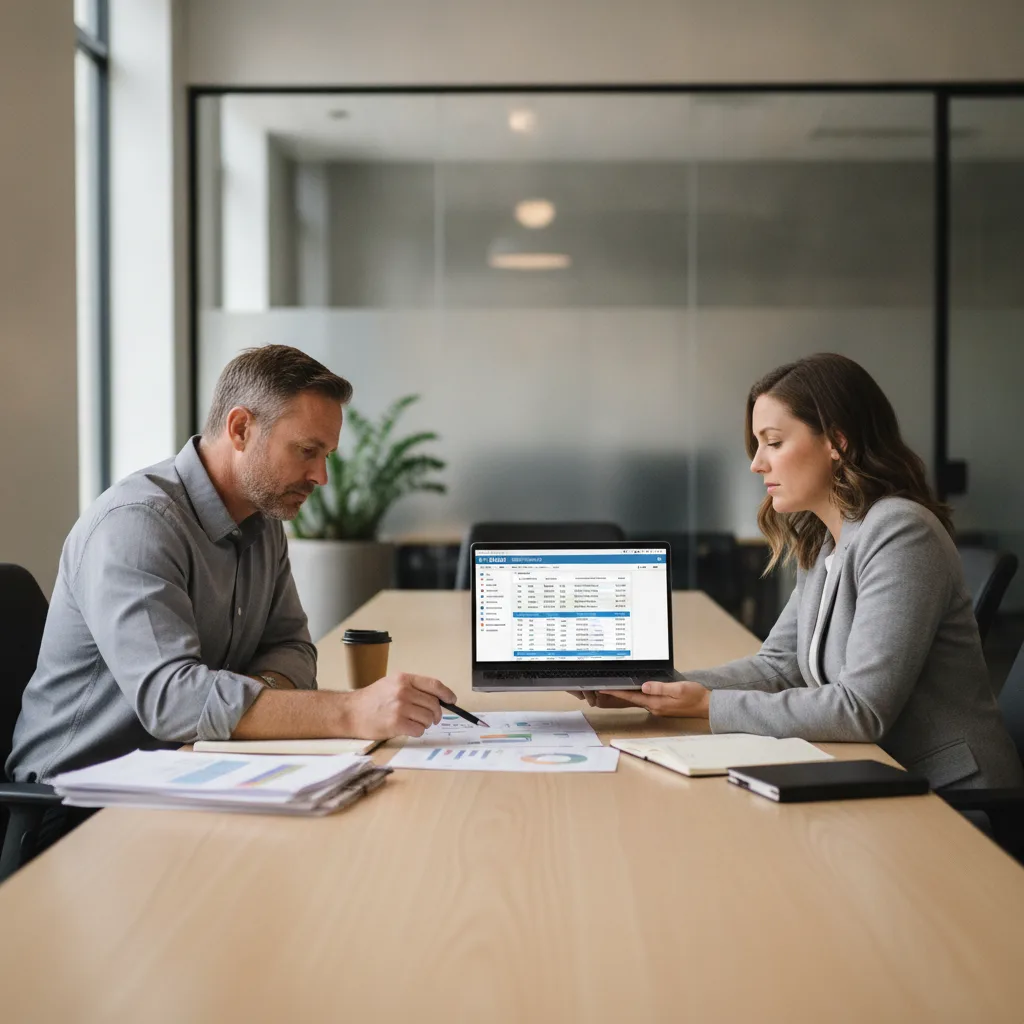 Two professionals review printed performance reports and call attribution data on a laptop in a modern office.