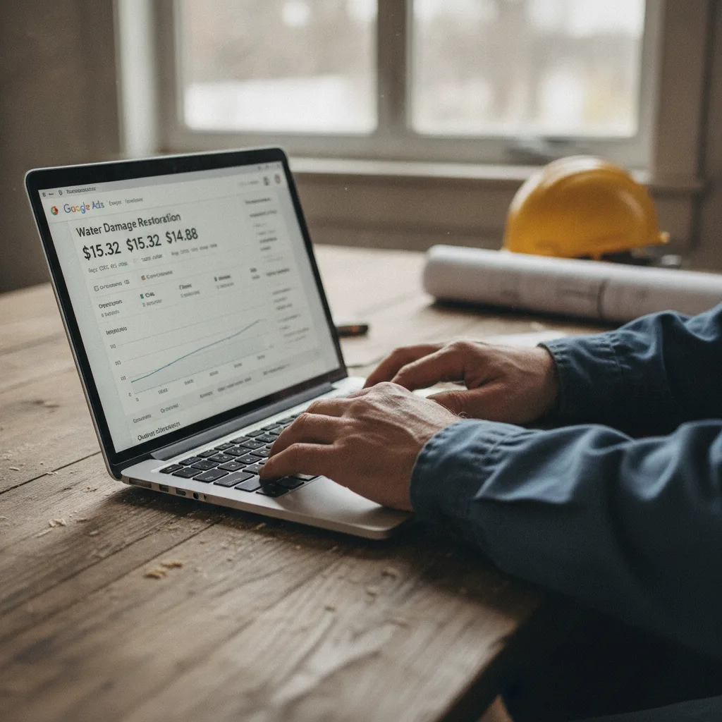 A close-up of a contractor's hands on a laptop displaying a Google Ads dashboard with water damage restoration campaign data.