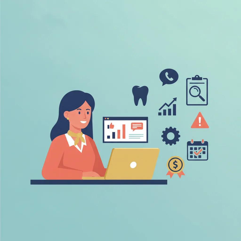 Flat vector illustration of a dental practice owner at a desk with a laptop, surrounded by dental and analytics icons.