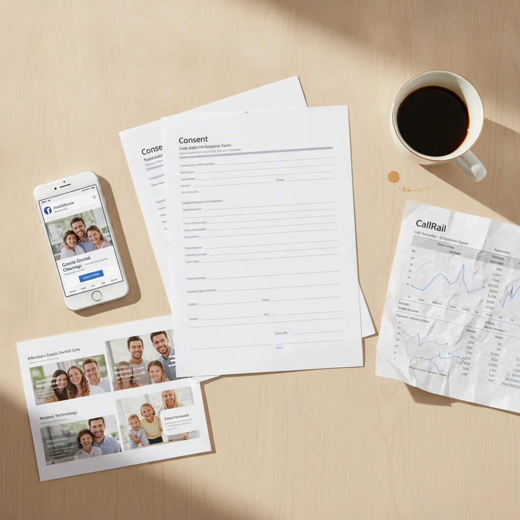 Overhead flat-lay of a dental marketing workspace with forms, smartphone, printouts, and coffee.