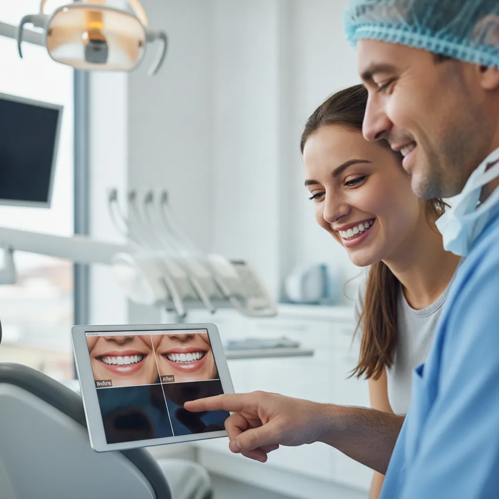 A male dentist in scrubs pointing at a tablet showing before and after smile images to a smiling female patient.