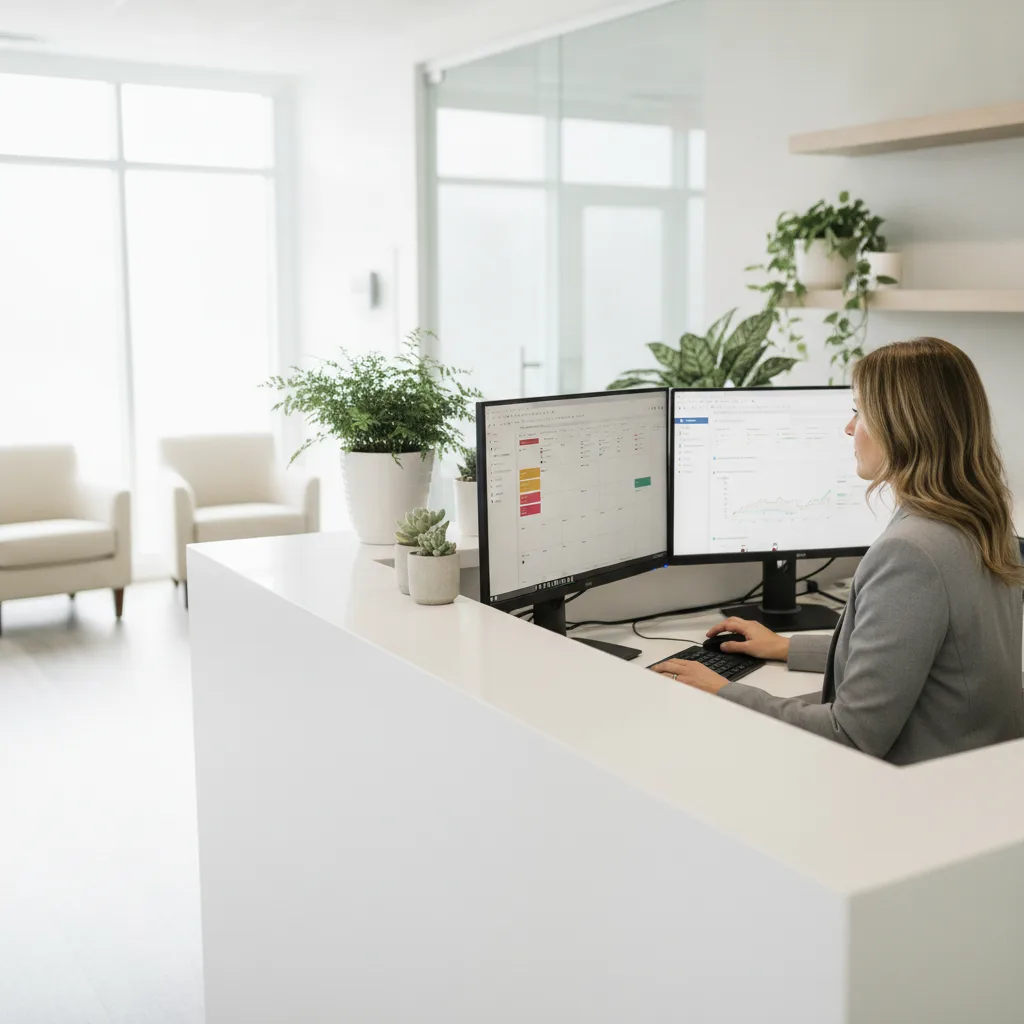 Practice manager at a reception desk using a desktop computer to manage a social media content calendar and Meta Ads Manager.