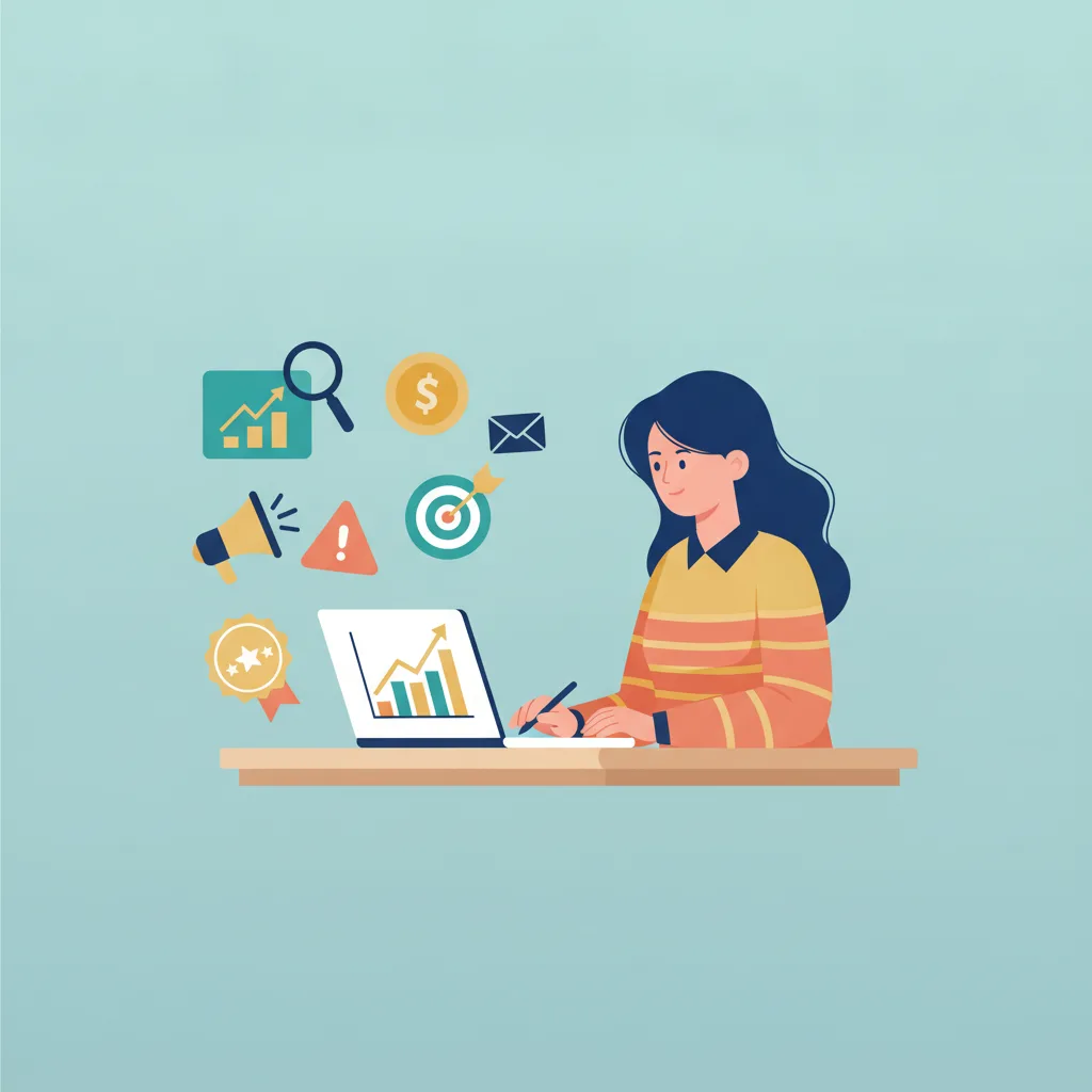 A small business owner reviews a ranked list on a laptop, surrounded by icons like a bar chart, magnifying glass, and target.