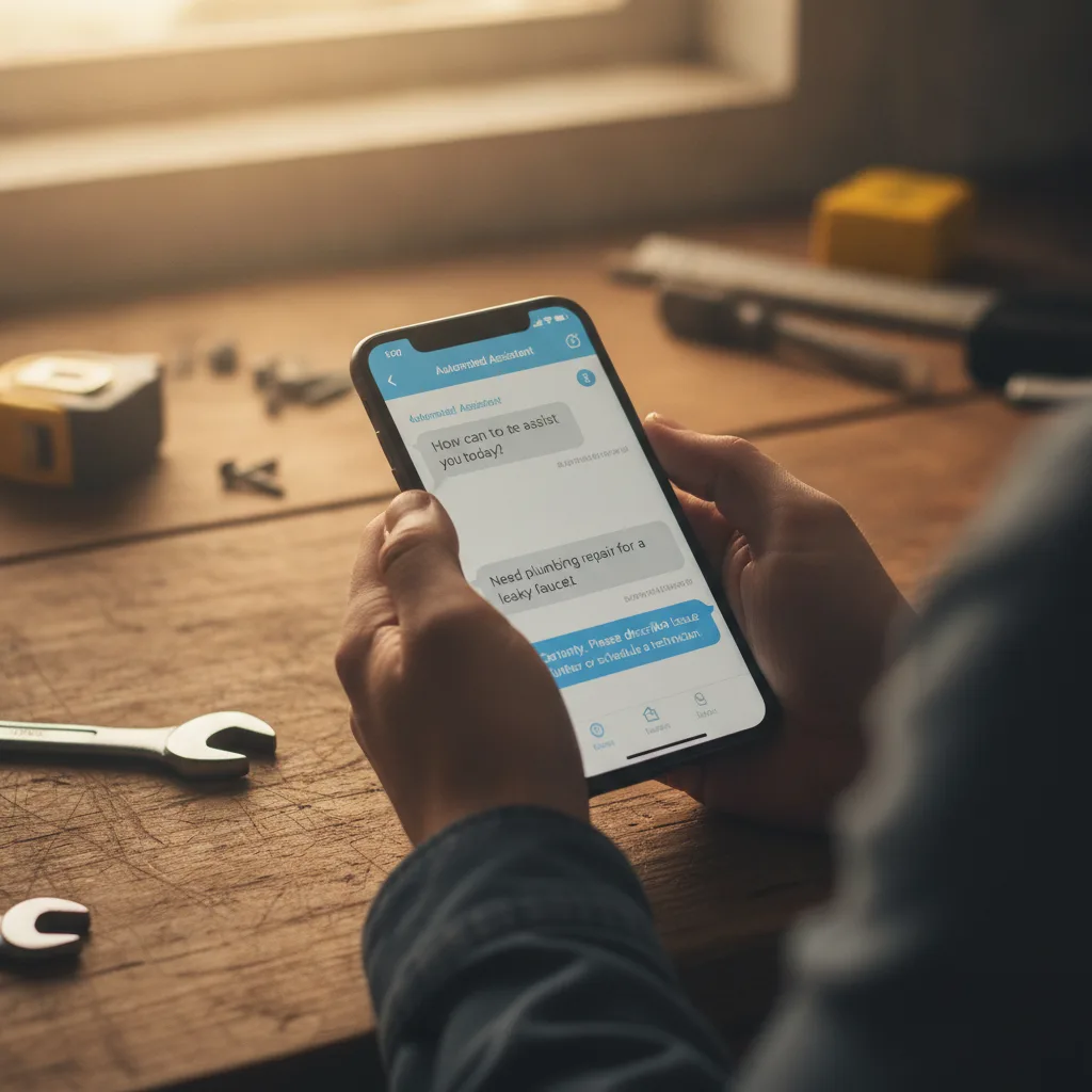 Hands hold a smartphone displaying automated chat responses in a home-services shop with tools on a wooden counter.