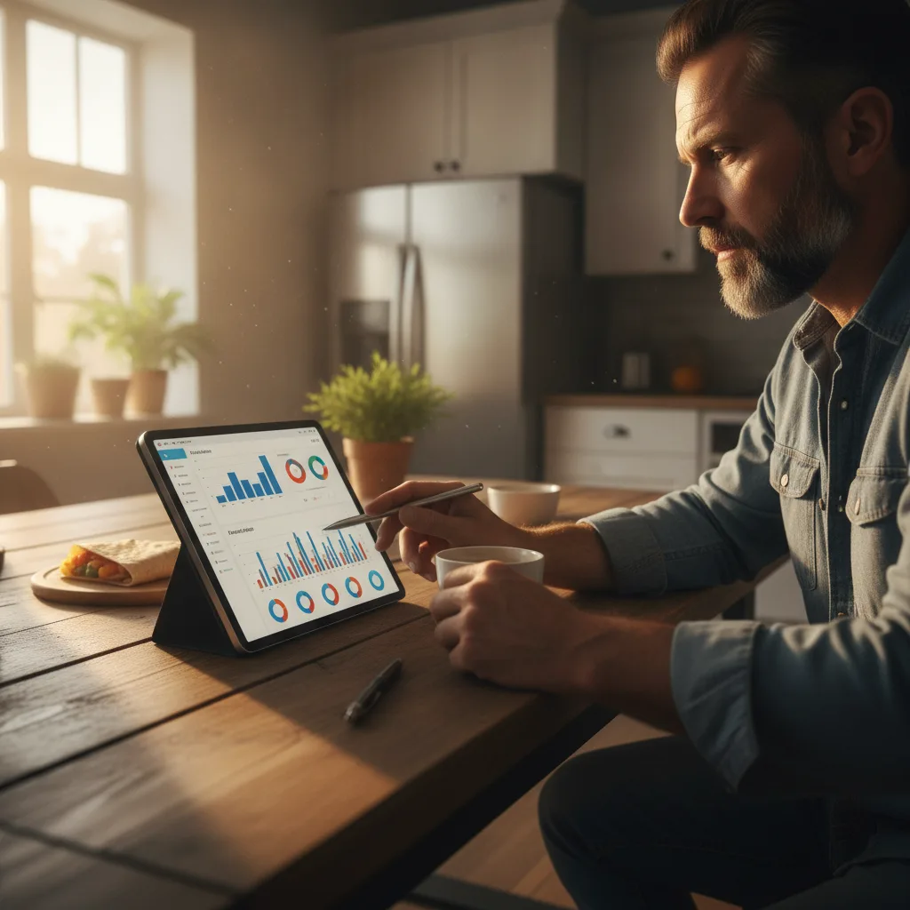 A contractor reviews marketing analytics on a tablet at a kitchen table bathed in warm morning light.