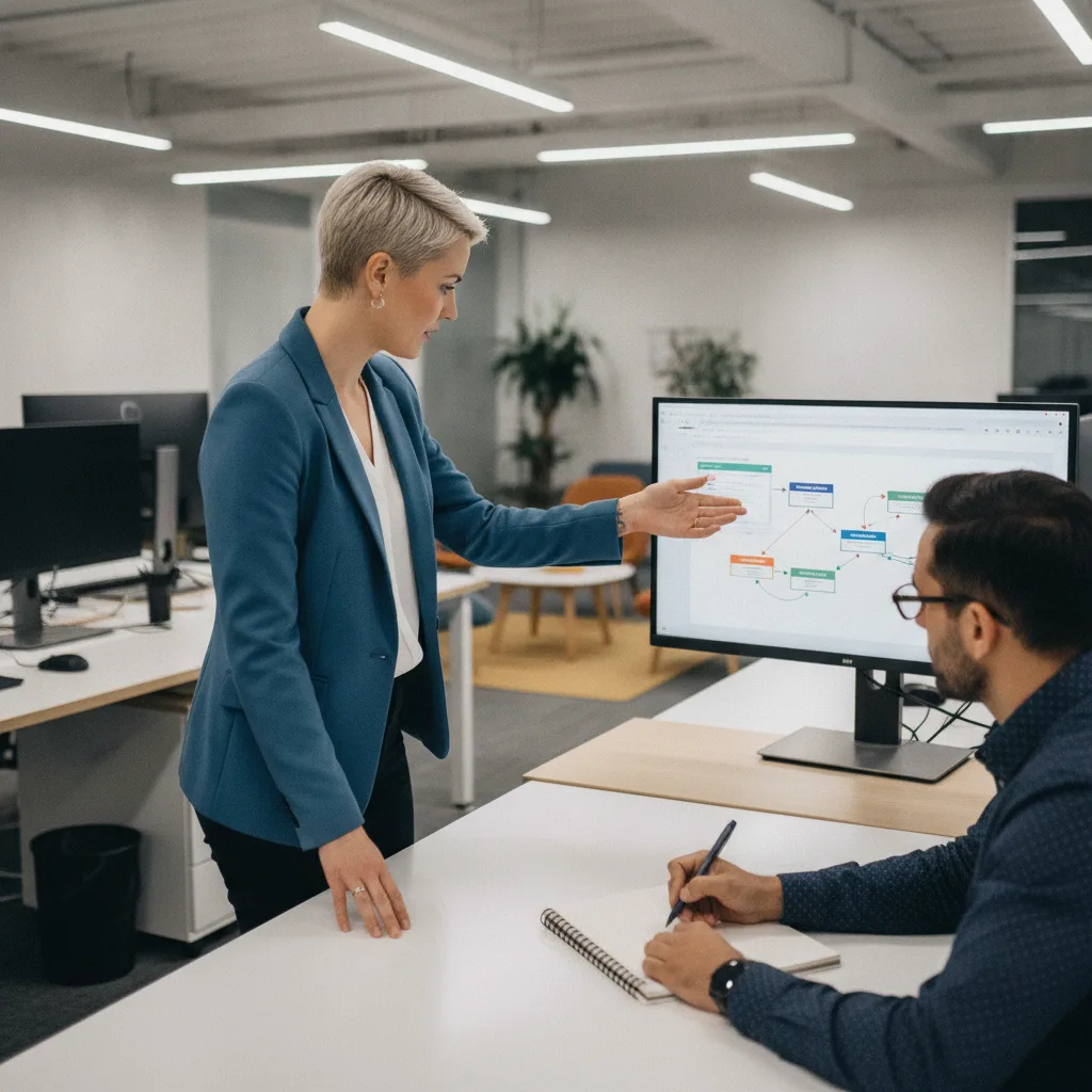 Two marketing team members in a modern office, one pointing at an email automation workflow on a monitor, the other taking notes.