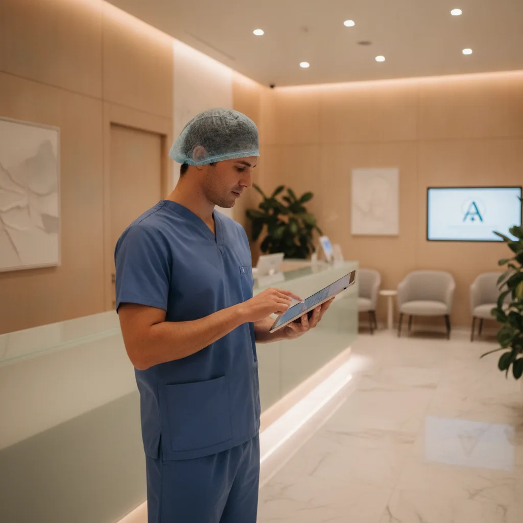 A male plastic surgeon in blue scrubs and a hair net reviews consultation bookings on a tablet in a modern clinic reception area.