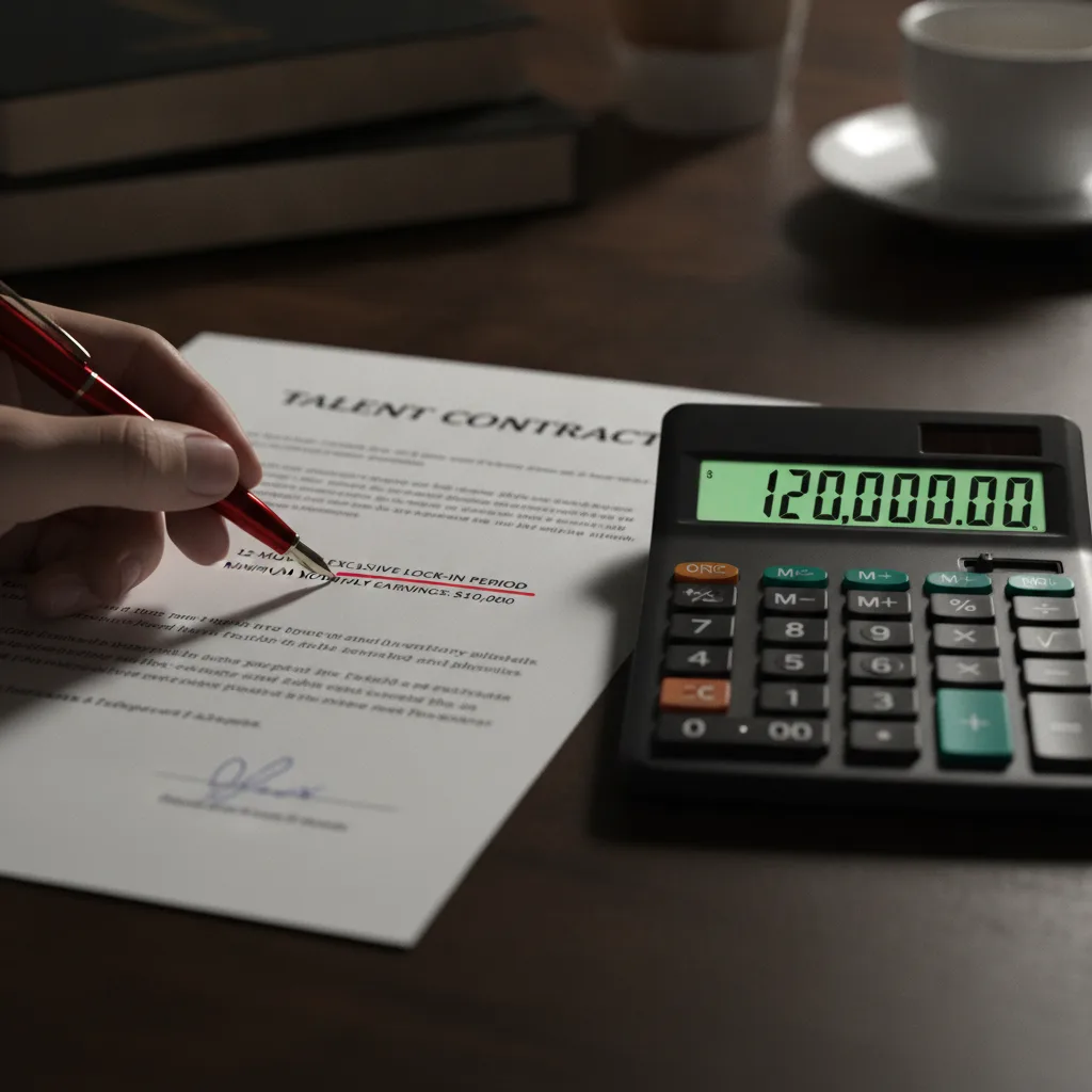 Close-up of a signed agency contract on a desk, with a red pen highlighting a lock-in clause, and a calculator showing a large total.