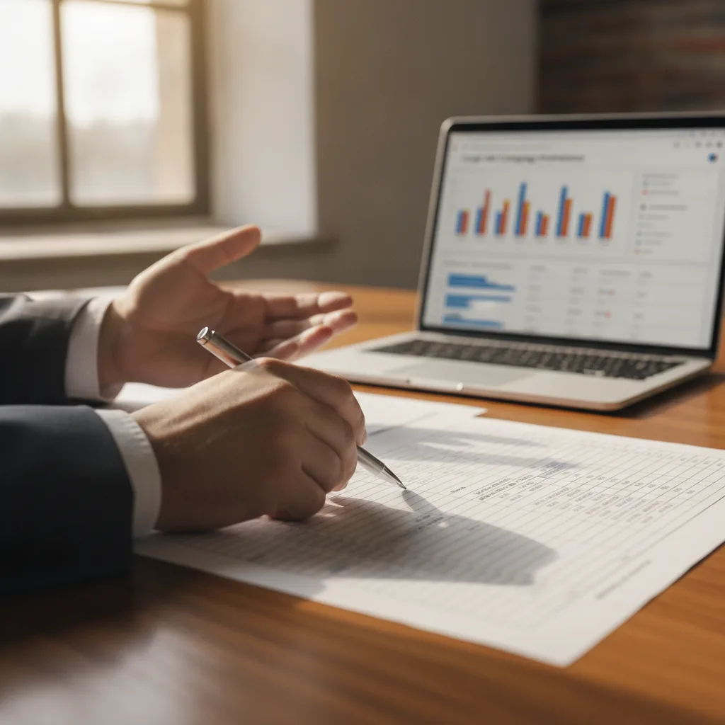 Hands of a marketing strategist pointing at a budget spreadsheet with a laptop displaying Google Ads data in the background.