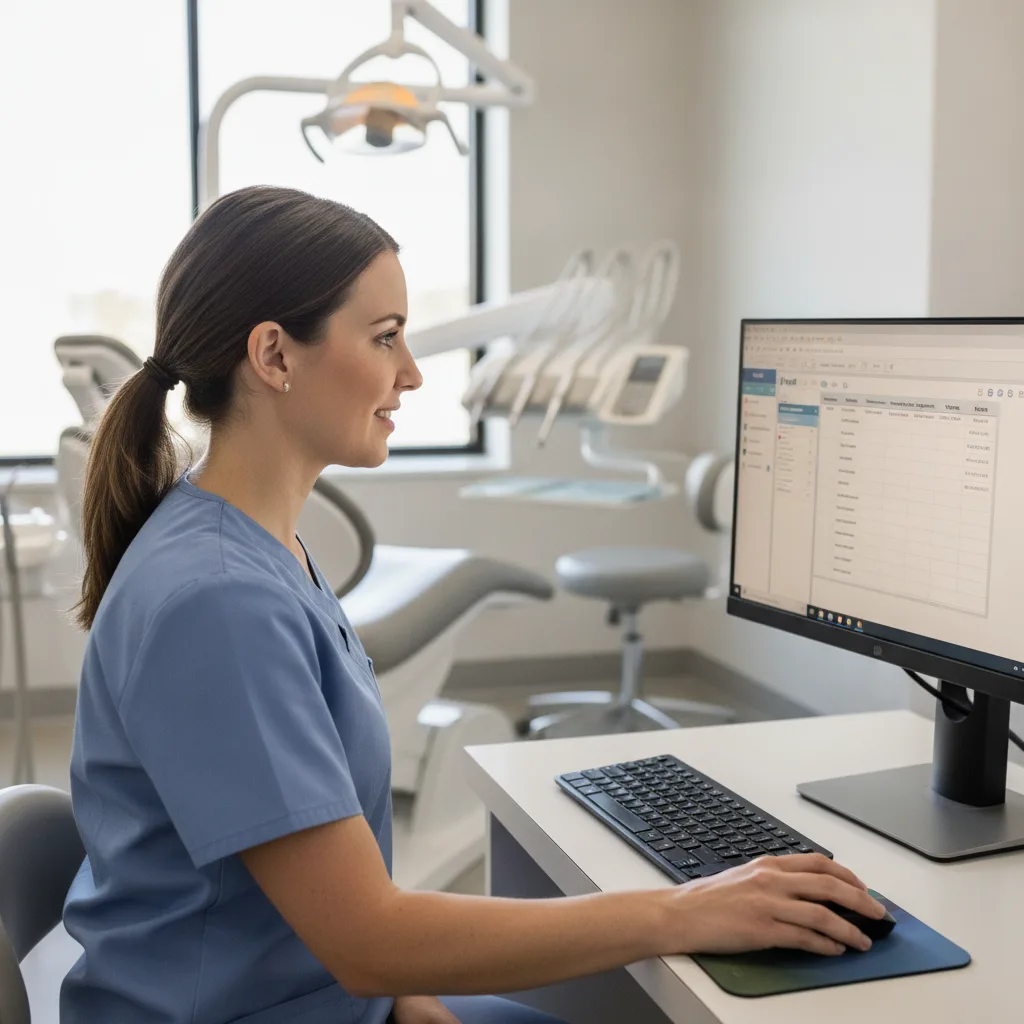 A dental staff member reviews a patient recall list on a computer, scheduling follow-up appointments in a dental office.