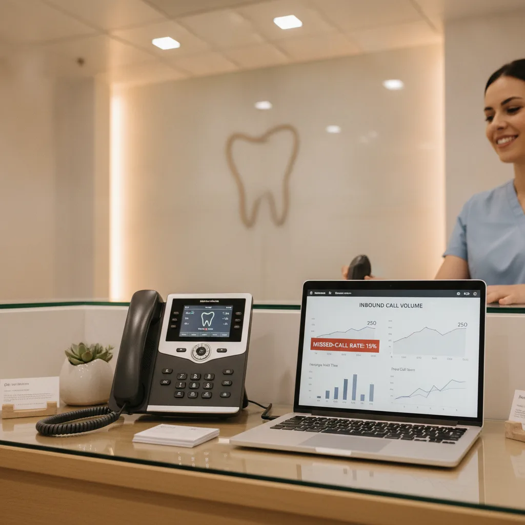A close-up of a modern dental office front desk with a phone system and a laptop showing call analytics.