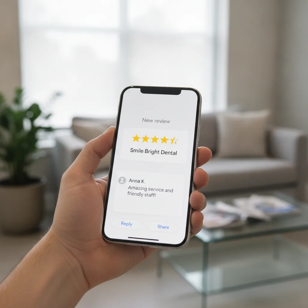 A hand holds a smartphone displaying a five-star Google review notification for "Smile Bright Dental.
