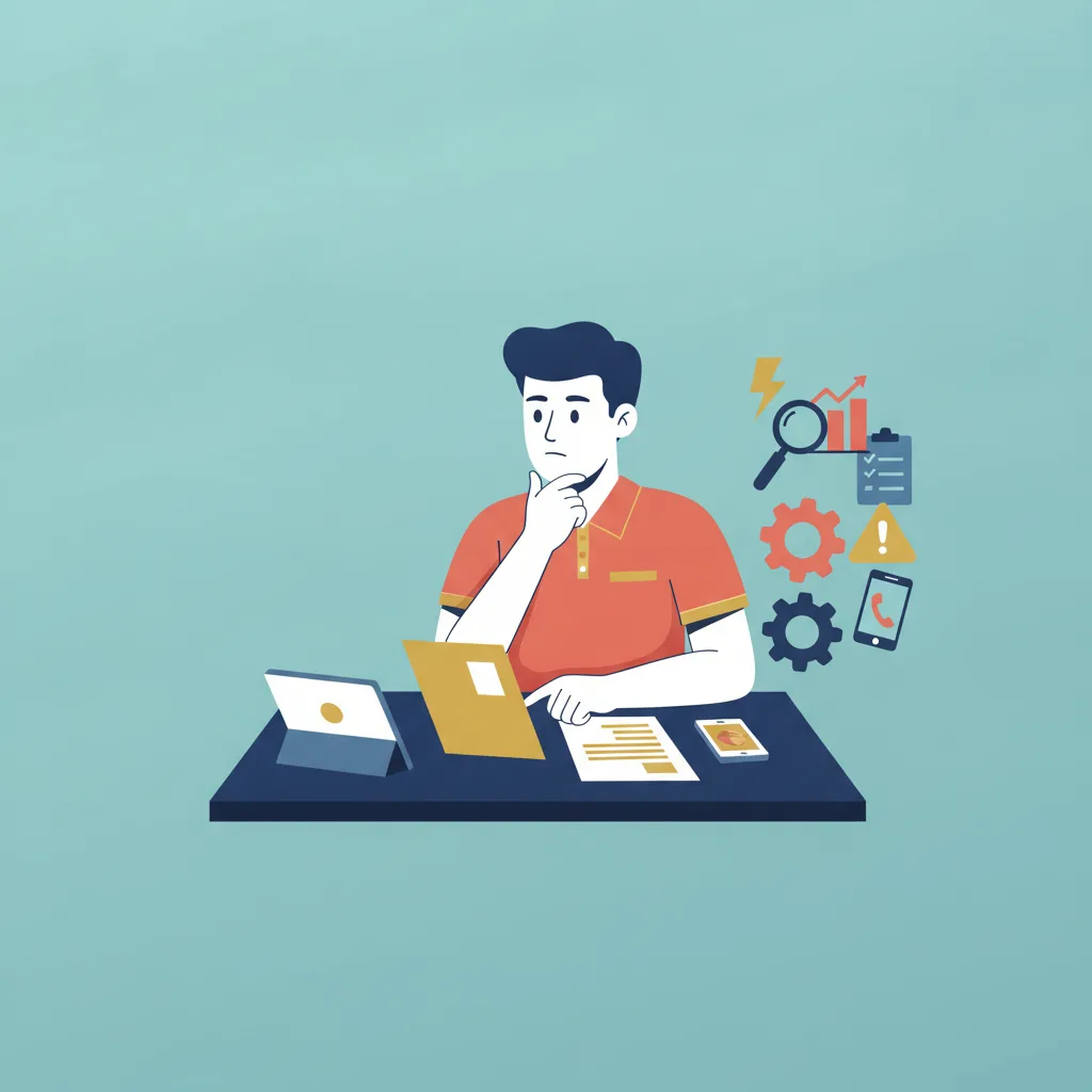 Flat vector illustration of an electrician reviewing proposals at a desk, surrounded by floating icons like a lightning bolt and gear.