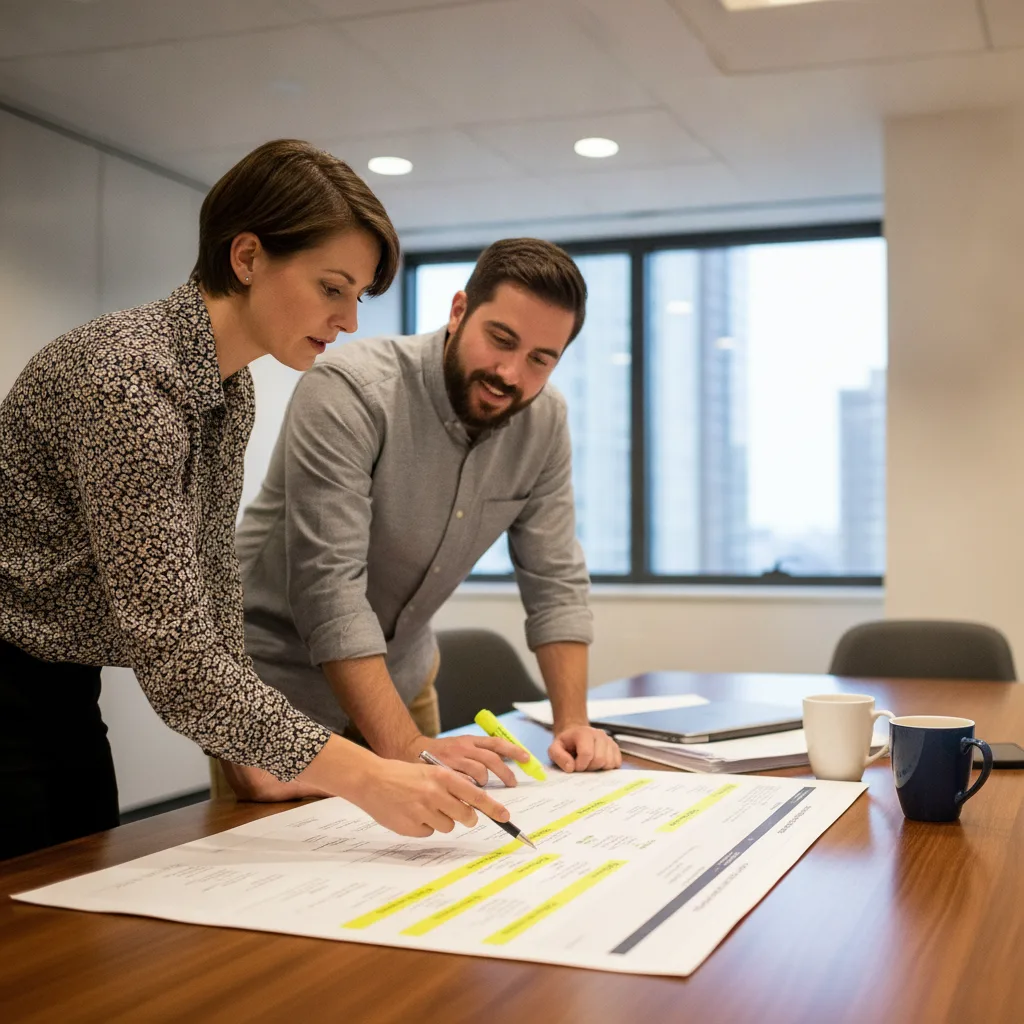 Two marketing professionals reviewing a printed SEO report with highlighted data in an office meeting room.