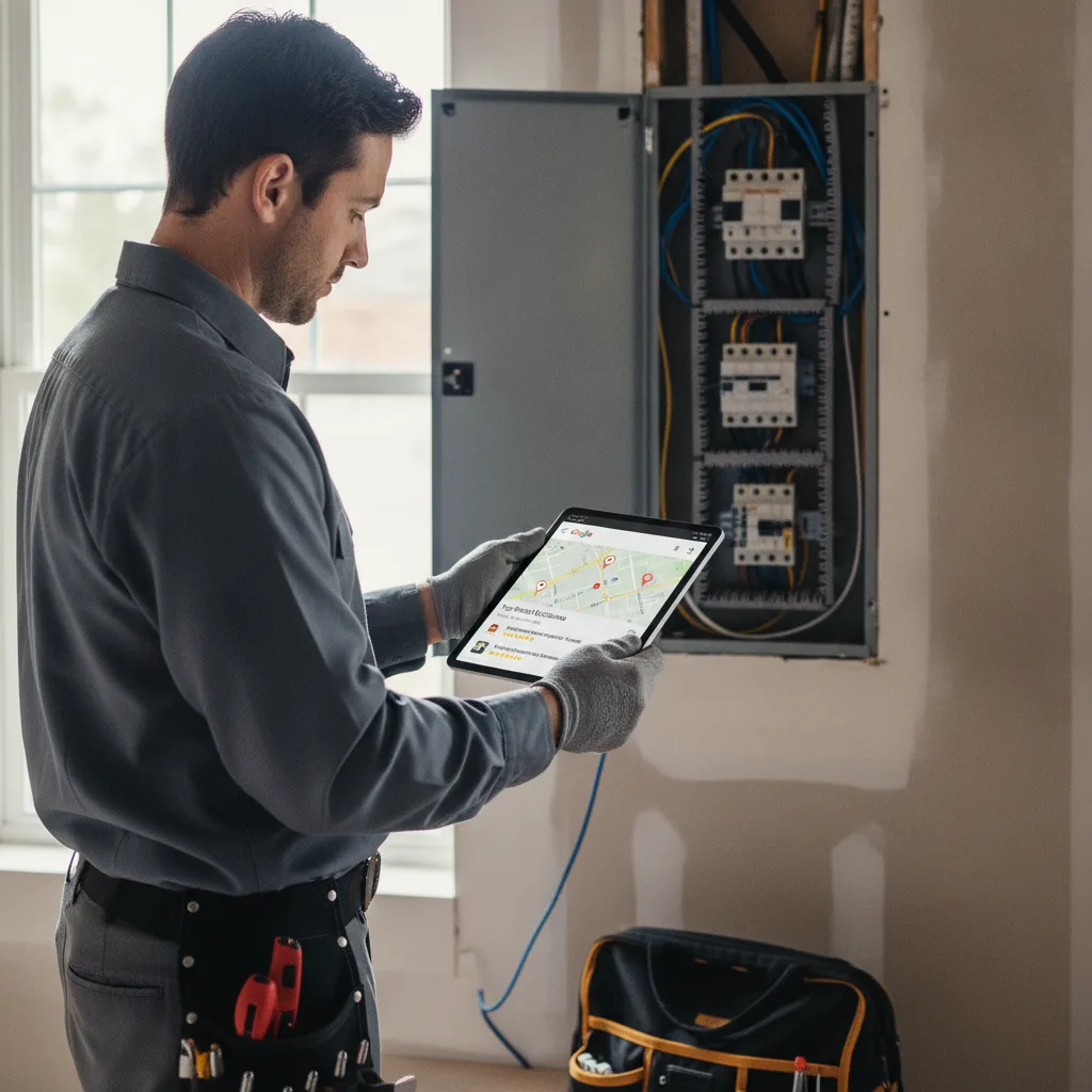Electrician in gray work shirt in front of an electrical panel, holding a tablet displaying a Google Maps local pack result.