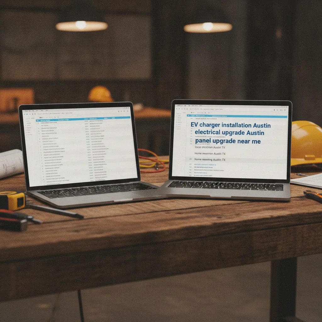 Two open laptops on a workbench, one showing broad keywords, the other focused on "EV charger installation Austin.
