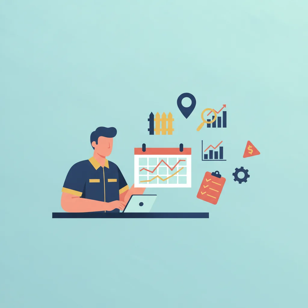 Flat vector illustration: fencing contractor at desk with calendar and laptop, surrounded by icons.