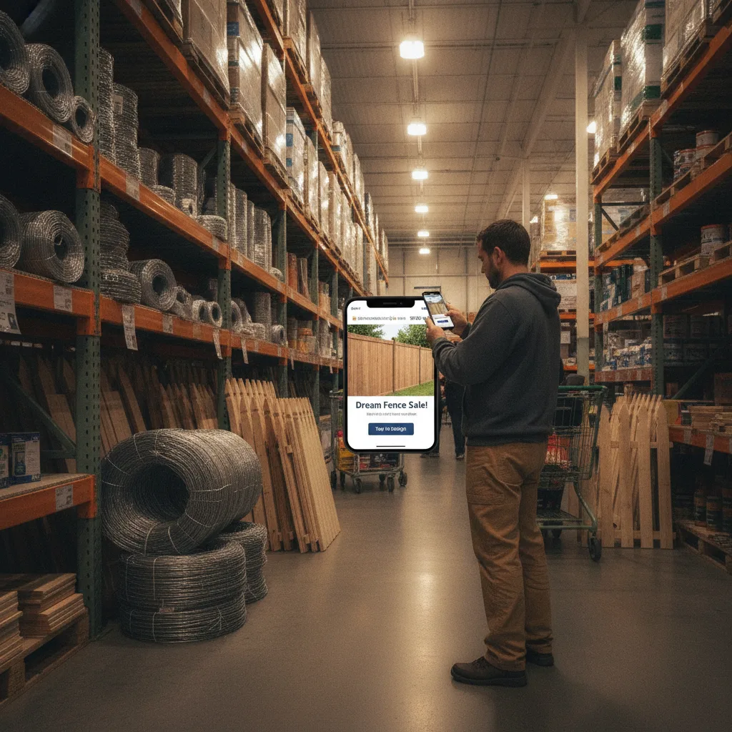 A man in a home improvement store browsing on his smartphone, which displays an advertisement for fences.