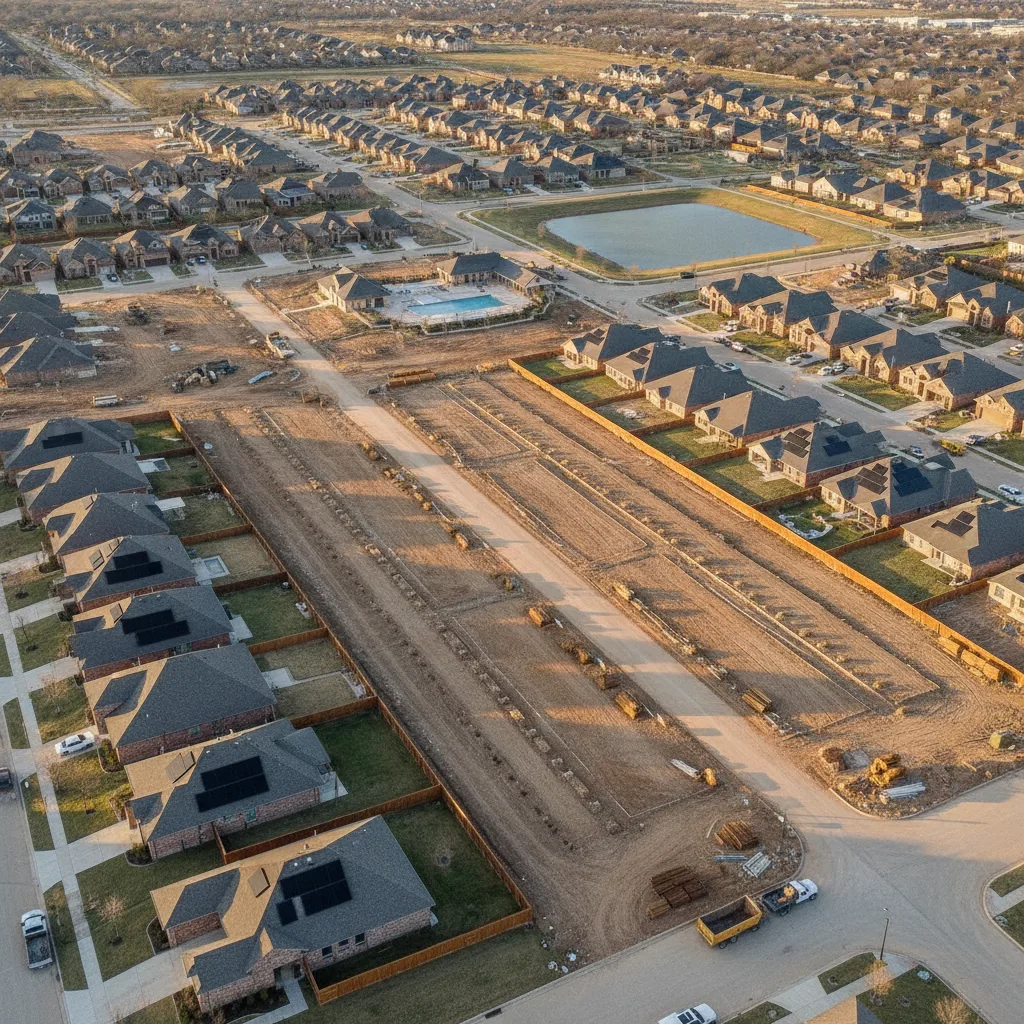 Aerial view of a Texas suburban neighborhood with new construction homes and fence installations in progress, in warm golden light.