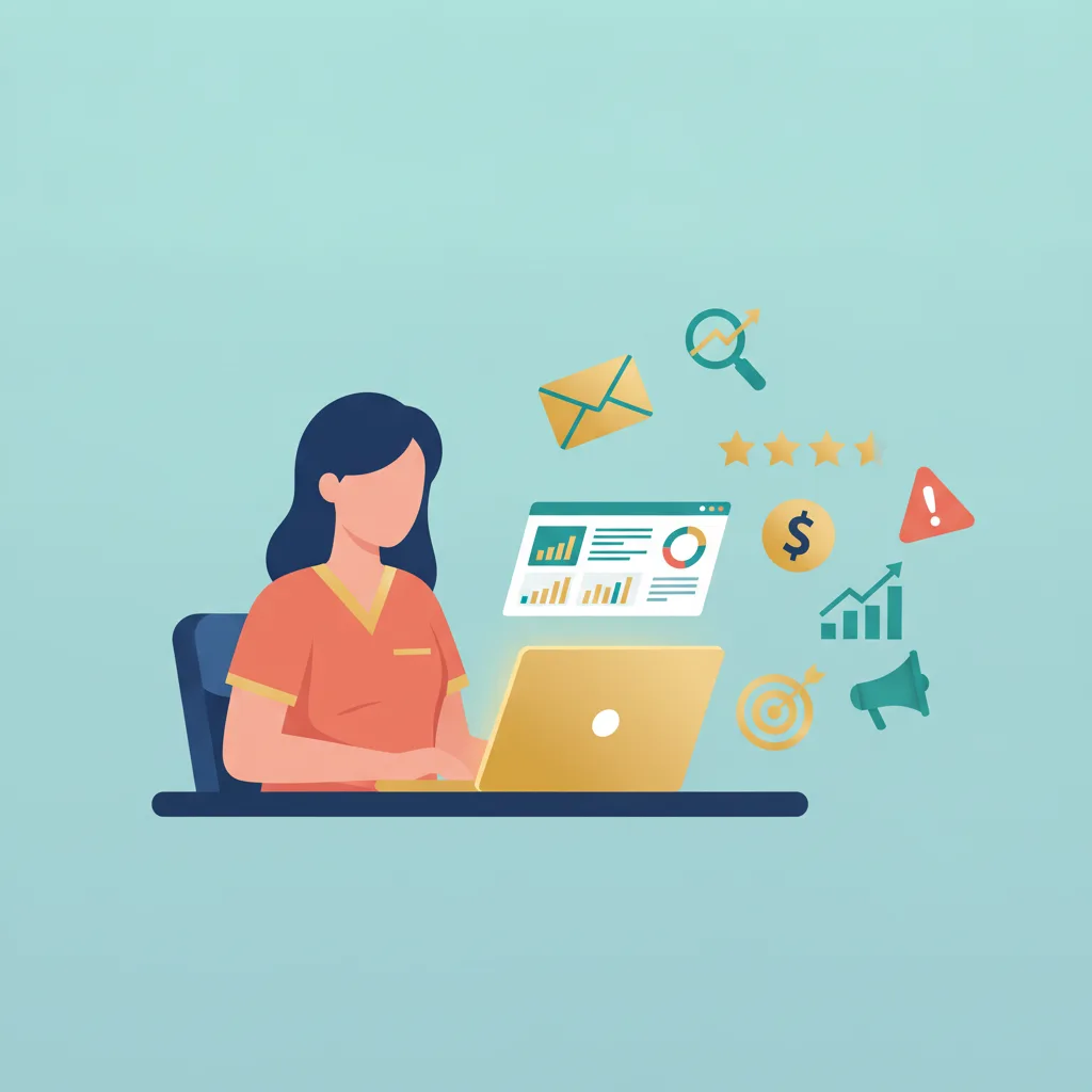 Plastic surgeon at desk with laptop showing a marketing dashboard, surrounded by floating icons: email, magnifying glass, star rating, dollar sign, bar chart, target, megaphone, and alert triangle.