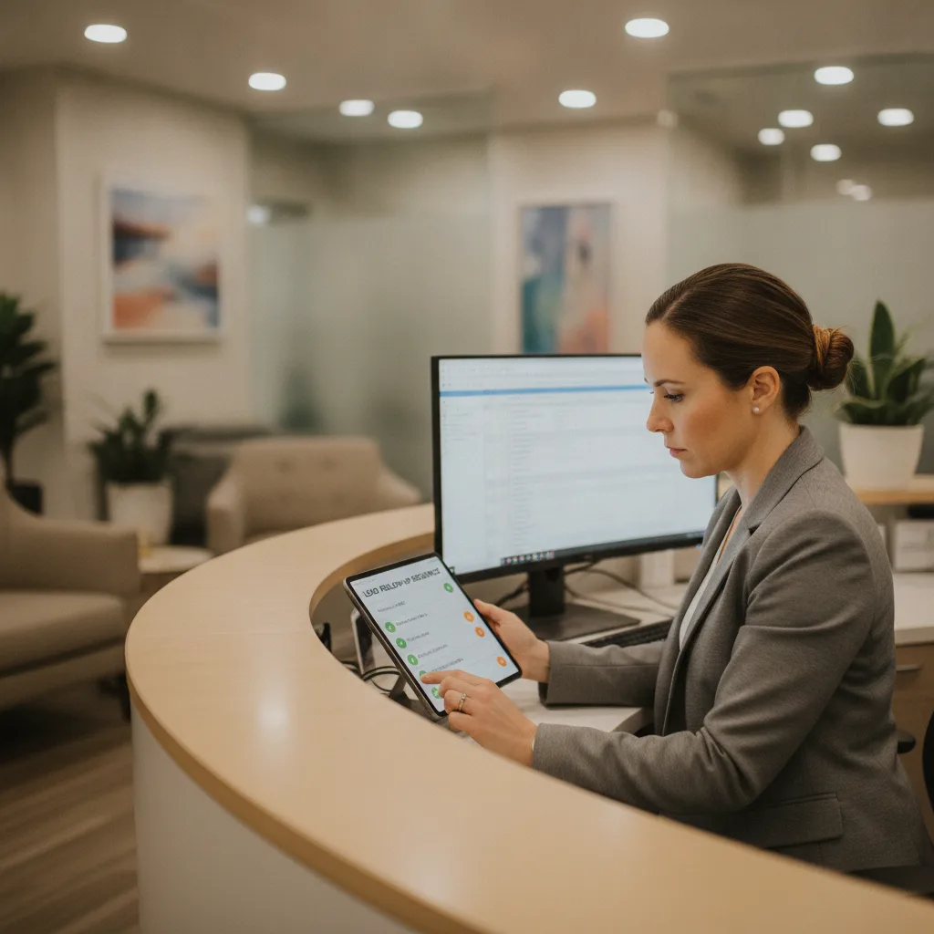 A patient coordinator reviews a CRM lead follow-up sequence on a tablet in a modern plastic surgery office.