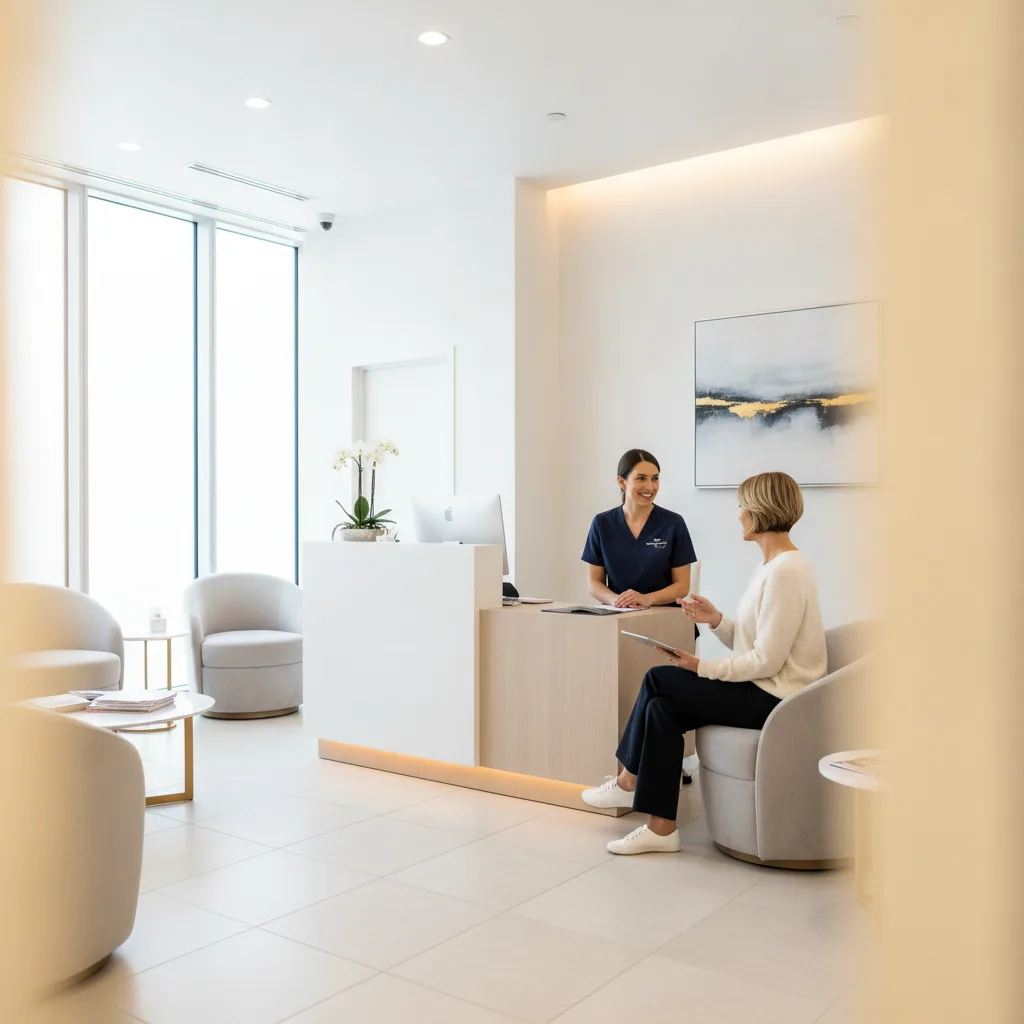 Modern plastic surgery waiting room with a front desk coordinator and a patient discussing paperwork.