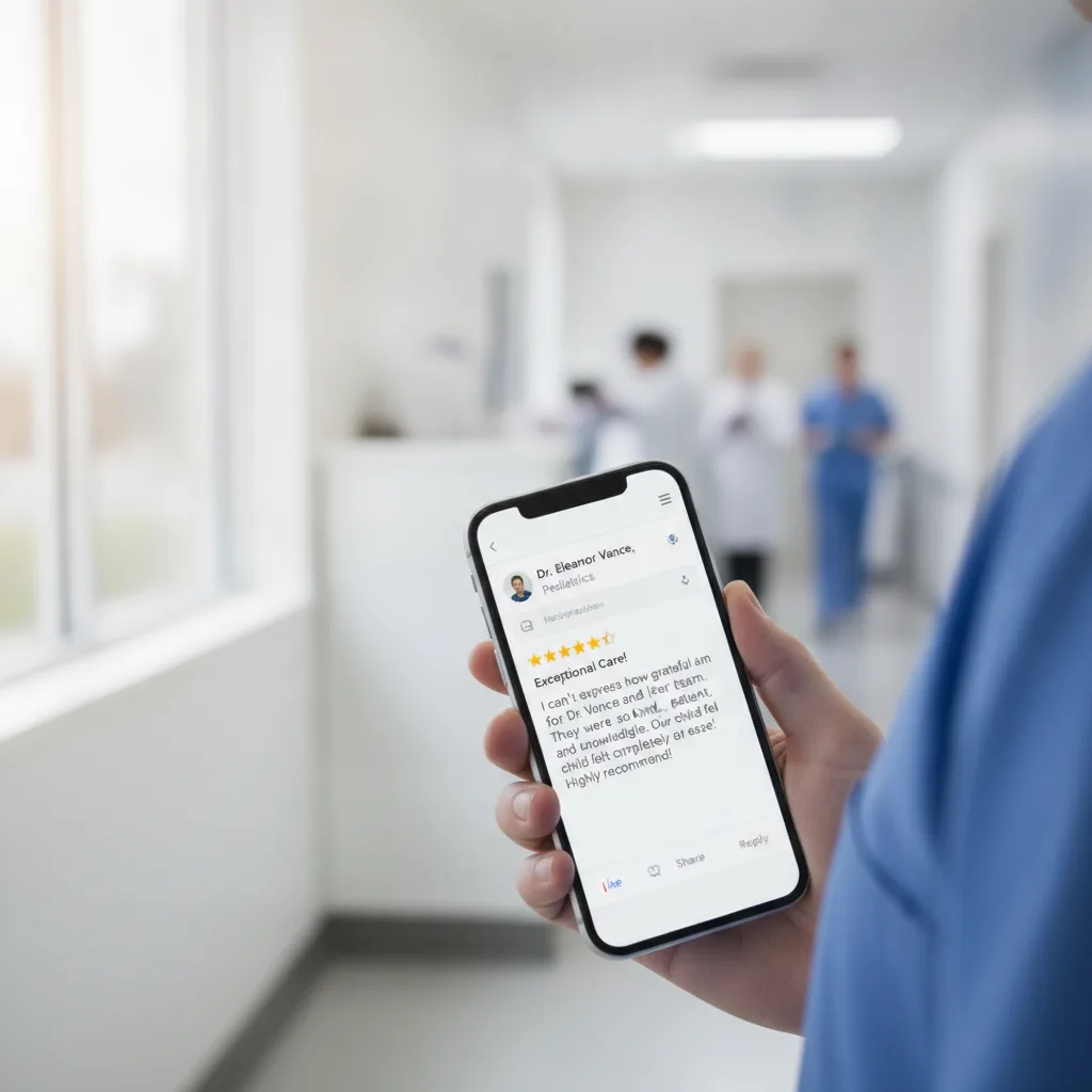 A close-up of a smartphone displaying a five-star Google review for a medical practice, held by a person in scrubs.