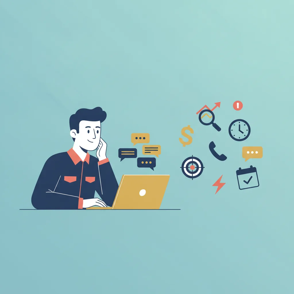 Flat vector illustration of a home services contractor at a desk with a laptop, surrounded by icons.