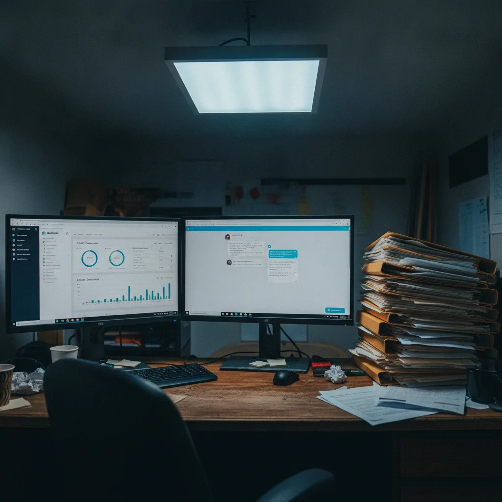 Contractor office with dual monitors, CallRail and Freshchat on screen, stack of job folders, and LED lighting.