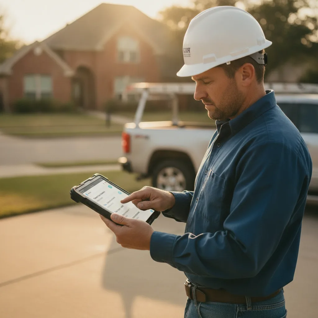 A roofing contractor in a hard hat reviews a tablet with chat and estimate data in a suburban Texas driveway at sunset.
