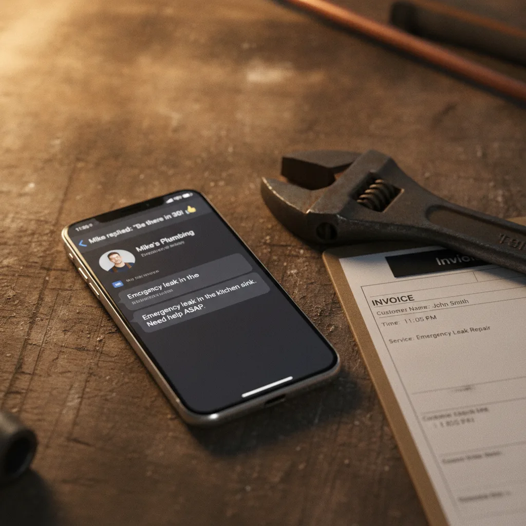 Smartphone with plumbing chat, wrench, and invoice for "Emergency Leak Repair" on a wooden table