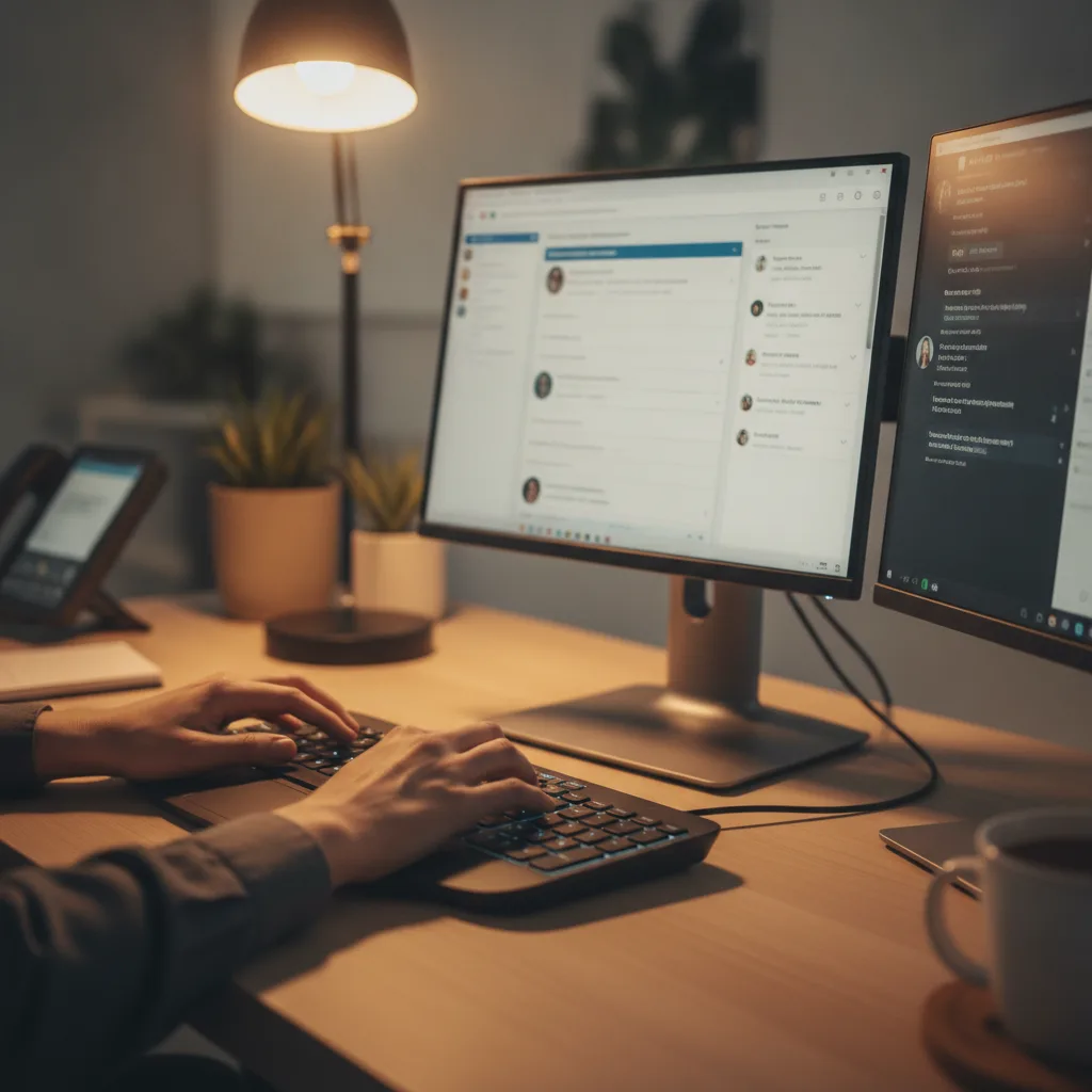 Close-up of a patient coordinator's hands typing into a CRM while an AI chat log populates on a second monitor.