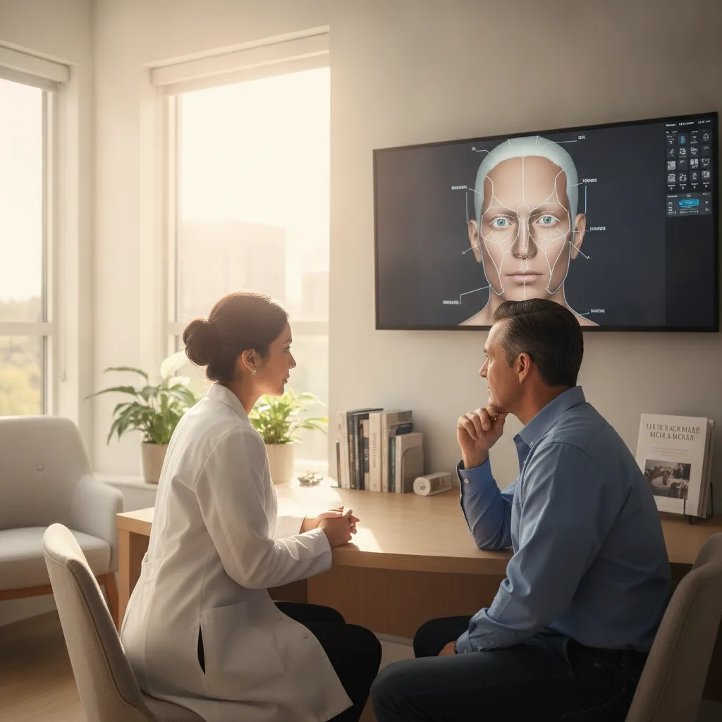 A plastic surgeon and patient discussing a 3D facial simulation preview on a large screen in a bright consultation room.