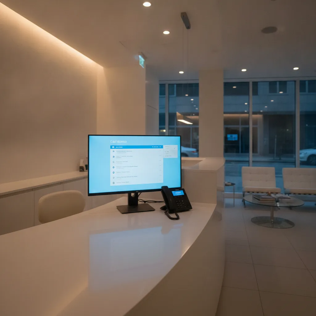 A modern, empty aesthetic clinic reception area after hours, with a glowing monitor displaying a call queue.