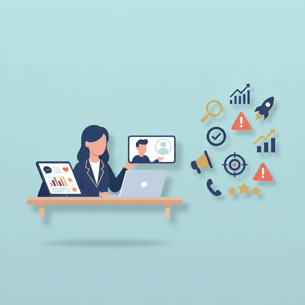 Flat vector illustration of a dental practice owner at a desk, reviewing marketing options and related service icons.