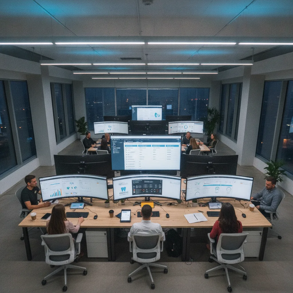 Overhead view of a modern open-plan dental marketing agency workspace with multiple monitors displaying data dashboards.