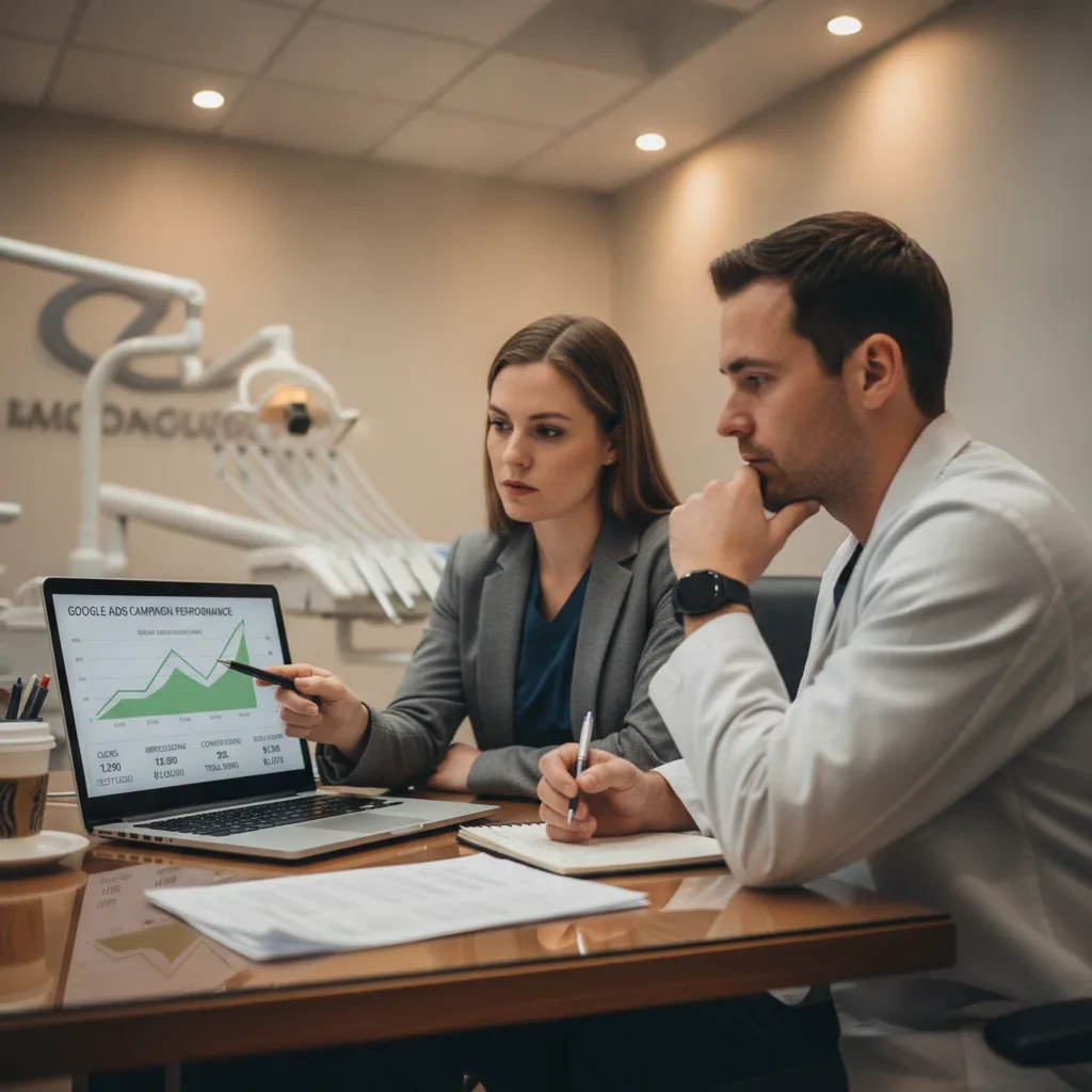 A marketing consultant and dental practice manager analyze Google Ads campaign performance on a laptop in a dental office.
