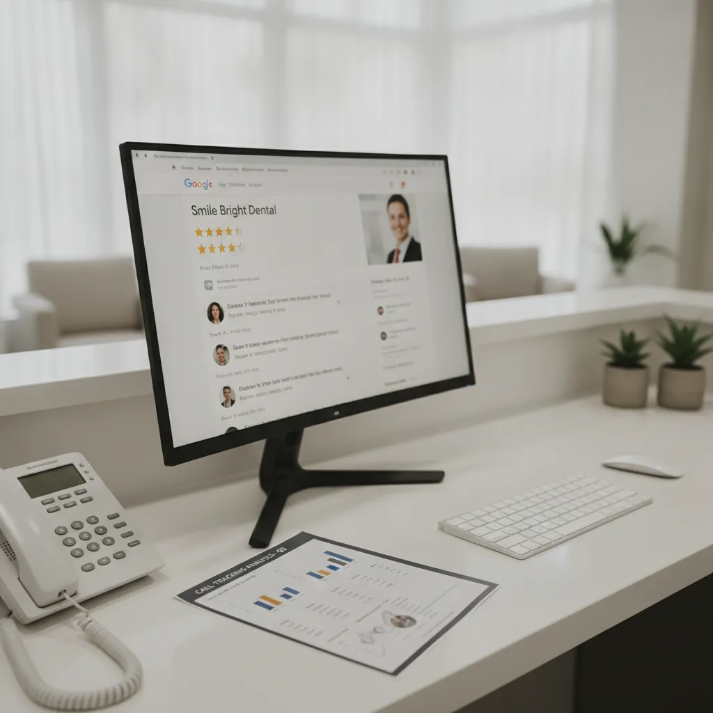 Close-up of a dental office front desk with a phone, computer screen showing a Google Business Profile, and a report.